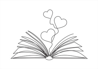 Open book and heart, continuous line vector illustration. one line vector drawing of a book and a hearts, concept of love of reading. Black and white hand drawn image.
