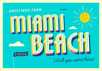 Greetings from Miami Beach, Florida, USA - Wish you were here! - Touristic Postcard. Vector Illustration.