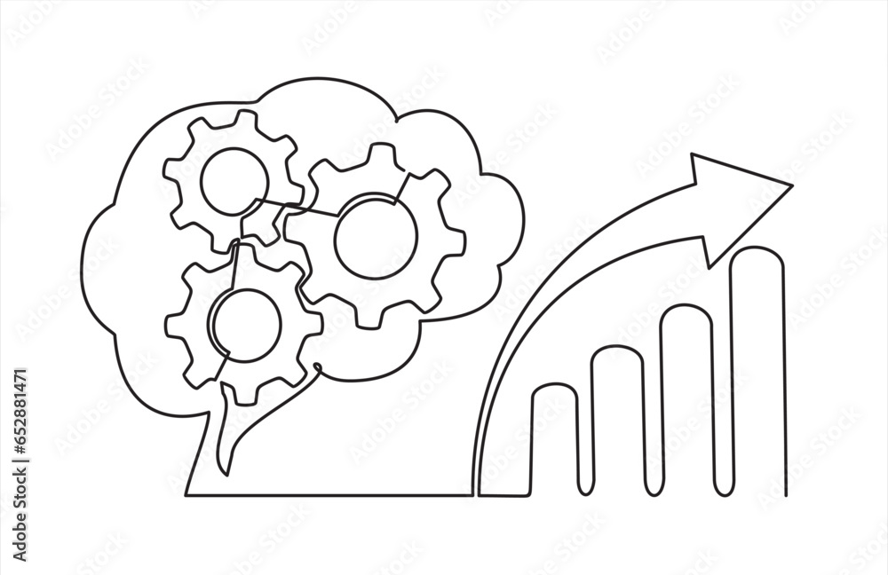 Poster continuous one single line drawing of human brain with gears fnd productivity bar chart. vector illu