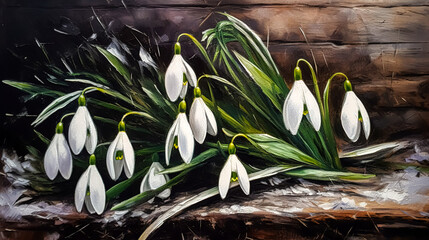 Snowdrops painted on a wooden surface, generative AI.