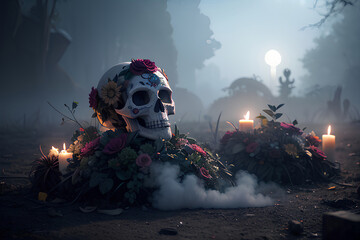 Sugar skull decorated with colorful flowers to celebrate the mexican's tradition Day of the Dead (Dia de los muertos). Generative AI