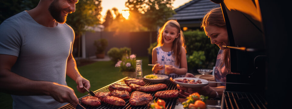 Family grills food together in the backyard of a house