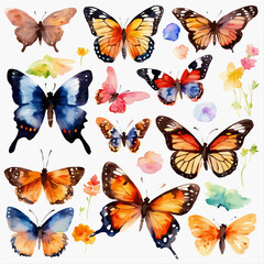 Watercolor colors butterflies on white background Vector illustration in flat style.