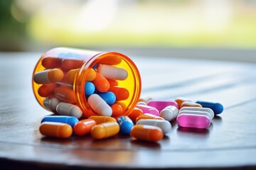 Close up of colorful pills spilling out of a glass jar or plastic bottle on a table