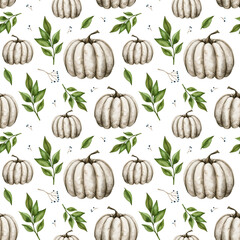 Seamless watercolor pattern with white pumpkins, green leaves and berries. Botanical fall background