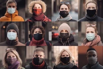 Collage of Different People in Masks on a City Street. concept of social responsibility during the pandemic and the outbreak of the coronavirus