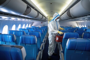 disinfection of the cabin of a passenger plane to prevent the spread of the coronavirus