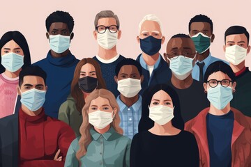Diverse People in Masks on a coral background. concept of protection against coronavirus during a pandemic - obrazy, fototapety, plakaty