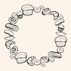 Bakery wreath sketch vector illustration. Hand drawn bakery product circle on beige background.