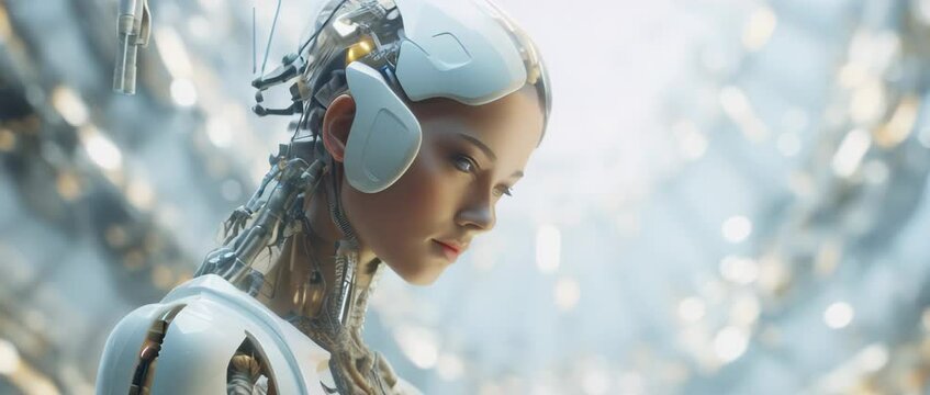 Portrait of cyborg girl connected to network in laboratory. Anamorphic 4k footage