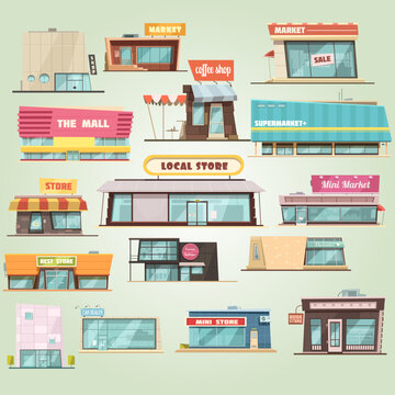 supermarket set vector shop building cartoon with mini store symbols isolated vector illustration shopping mall icons set