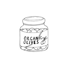 Hand-drawn olives in brine. Olives in a jar. Isolated food illustration on a white background