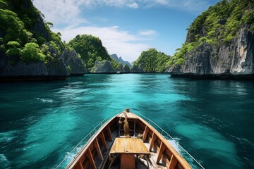 Graceful tourist boat smoothly navigating the turquoise waters, weaving through a picturesque...
