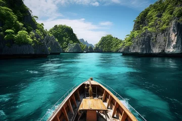 Fototapeten Graceful tourist boat smoothly navigating the turquoise waters, weaving through a picturesque tropical island archipelago, promising adventure and serenity. © Kishore Newton