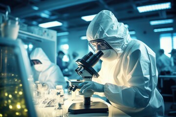 Scientist in hazmat suit with biohazard protection looking through microscope in laboratory