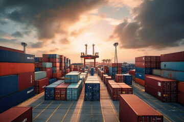 Fototapeta premium Shipping containers in port with cranes. Container loading. Freight transportation concept