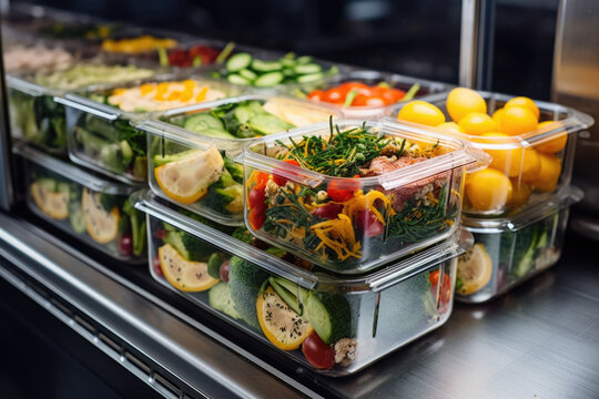 Prepared Food For Healthy Nutrition In Lunch Boxes. Catering Service For Balanced Diet. Takeaway Food Delivery In Restaurant. Containers With Everyday Meals