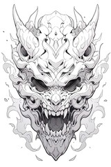Demon mask, tattoo japanese culture. Mask oni on a white background. Art. Print