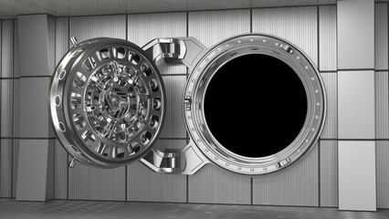 Open round safe door of a bank vault. 3d illustration
