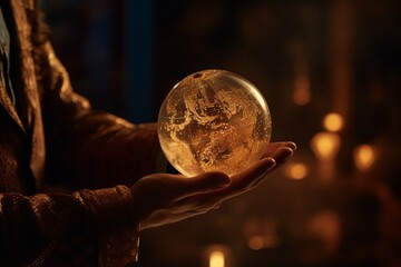 Tender close-up capturing hands, filled with wonder, gracefully holding a spinning globe, symbolizing the dream of global exploration and connection.