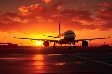 Elegant airplane silhouette gracefully cutting through the vast expanse, brilliantly framed against a fiery sunset sky.