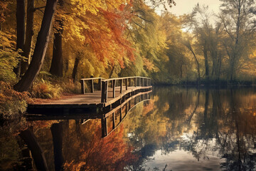 Autumn forest landscape reflection on the water with wooden pier.
