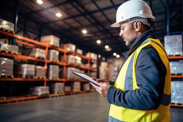 Man in uniform and protective helmet in warehouse looking in a hardware warehouse standing checking supplies on his tablet.