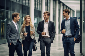 Fototapeta premium Four young businessmen talking on the street near a modern office building