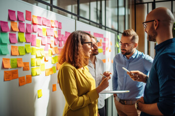 Team of young creative marketing experts brainstorming during work, making plans and projects with post stickers on the wall