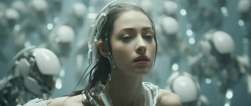 Portrait of cyborg girl connected to network in laboratory. Anamorphic 4k footage