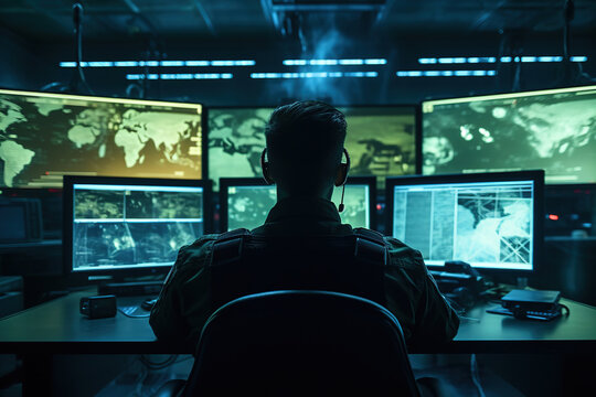 An officer sits in a military command center and monitors data on computer monitors
