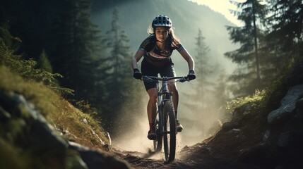 Mountain biking woman riding on bike in summer mountains forest landscape. Woman cycling MTB flow trail track. Outdoor sport activity.