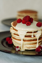 Pancakes with raspberries and jam