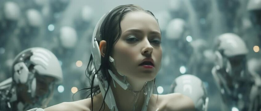 Portrait of cyborg girl connected to network in laboratory. Anamorphic 4k footage