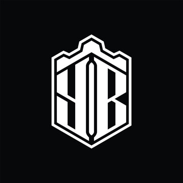 recommend clip art: YB Letter Logo monogram hexagon shield shape crown castle with outline style design