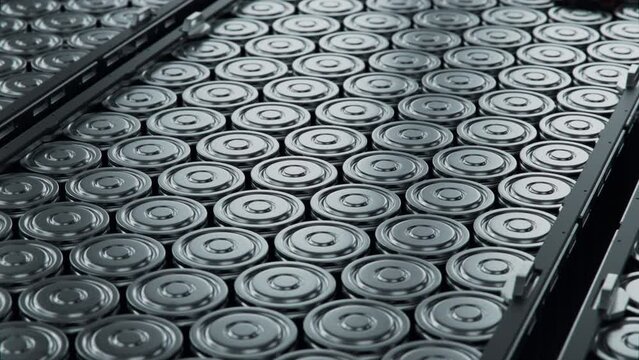 EV Battery Cylindrical Cells Stacked inside Modules. Lithium-ion High-voltage Battery for Electric Vehicle or Hybrid Car. High Capacity Battery for Automotive Industry.