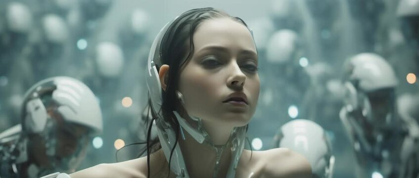 Portrait of cyborg girl connected to network in laboratory. Anamorphic 4k footage