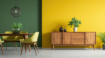 Interior of modern dining room with yellow walls, wooden floor, green armchairs and round wooden table. ai generative