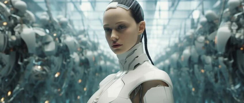 Medium shot of cyborg girl standing in hall in laboratory with robots in rows. Anamorphic 4k footage