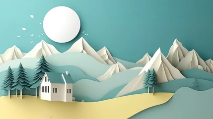 Foto op Plexiglas Bergen 3d paper cut forest landscape mountain paper cut style natural landscape scene illustration