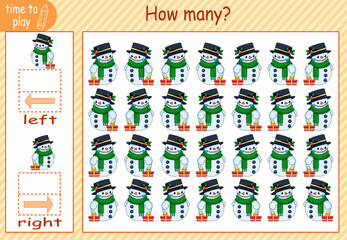 children's educational game, tasks. count how many elements will be placed on the right and how many on the left. New Year. Christmas.