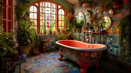 beautiful bright bathroom with window and flowers on the walls, maximalism in style, primitivist style, red, green, yellow, orange, patchwork