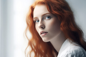 Fototapeta premium Beauty Young Woman with long curly red hair. Portrait of a Beautiful sexy red-haired Girl with freckles