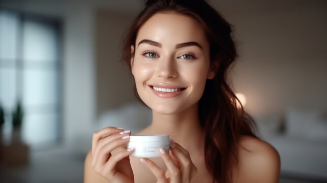 Beautiful woman smile use cream for good skin. face of a healthy woman apply cream and makeup. Advertisement for skin cream, anti-wrinkle, baby face, whitening, moisturizer, tighten pores serum