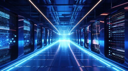 Fototapeta premium Shot of Corridor in Working Data Center Full of Rack Servers and Supercomputers with Internet connection Visualization Projection, technology, digital, futuristic, future,
