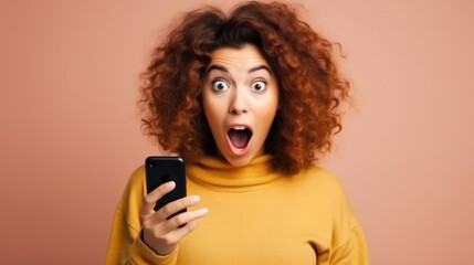 beautiful woman exited surprise face expression . female feels shocked. exciting smile and happy adorable rejoices. Very enjoy and fun relax time. wow, girl holding smartphone. Smile.