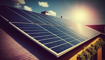 Family house with solar panels and sunrise solar energy system Sunset'