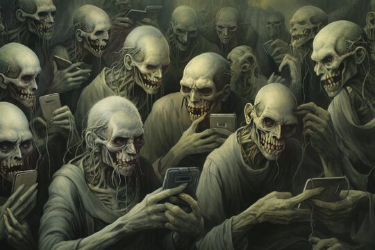 Zombies typing on smartphones. Generative AI.