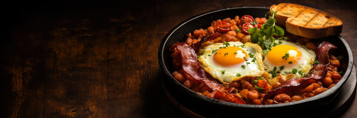Savory Traditional English breakfast served on a rustic cast iron plate 