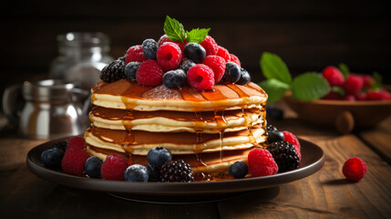 Inviting stack of pancakes adorned with syrup and berries on rustic table  - Powered by Adobe
